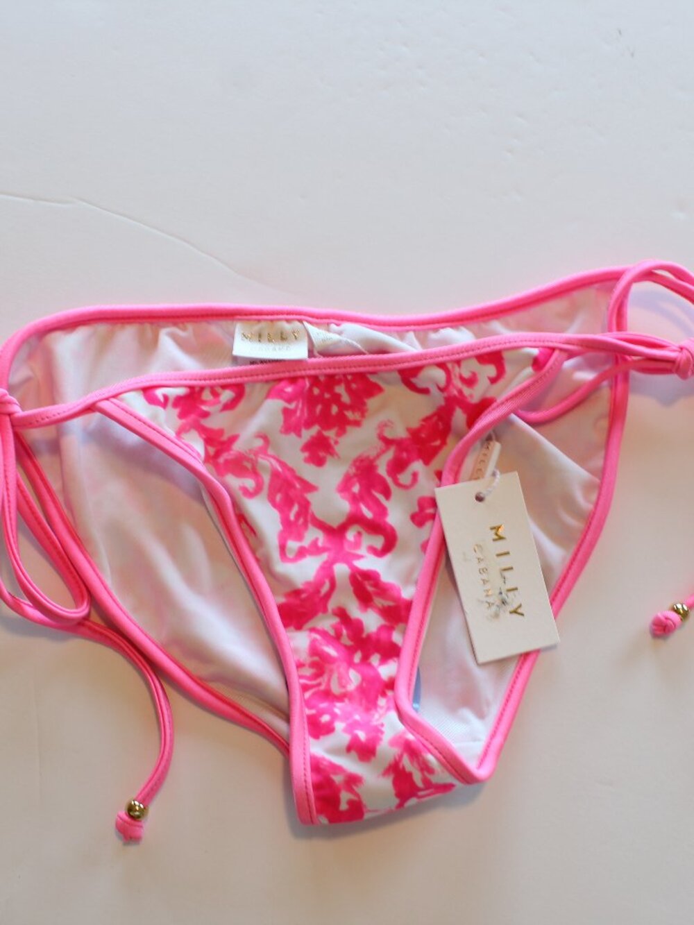 Milly Cabana Biarritz String Bikini Bottom White Pink Petite 0 2 NWT